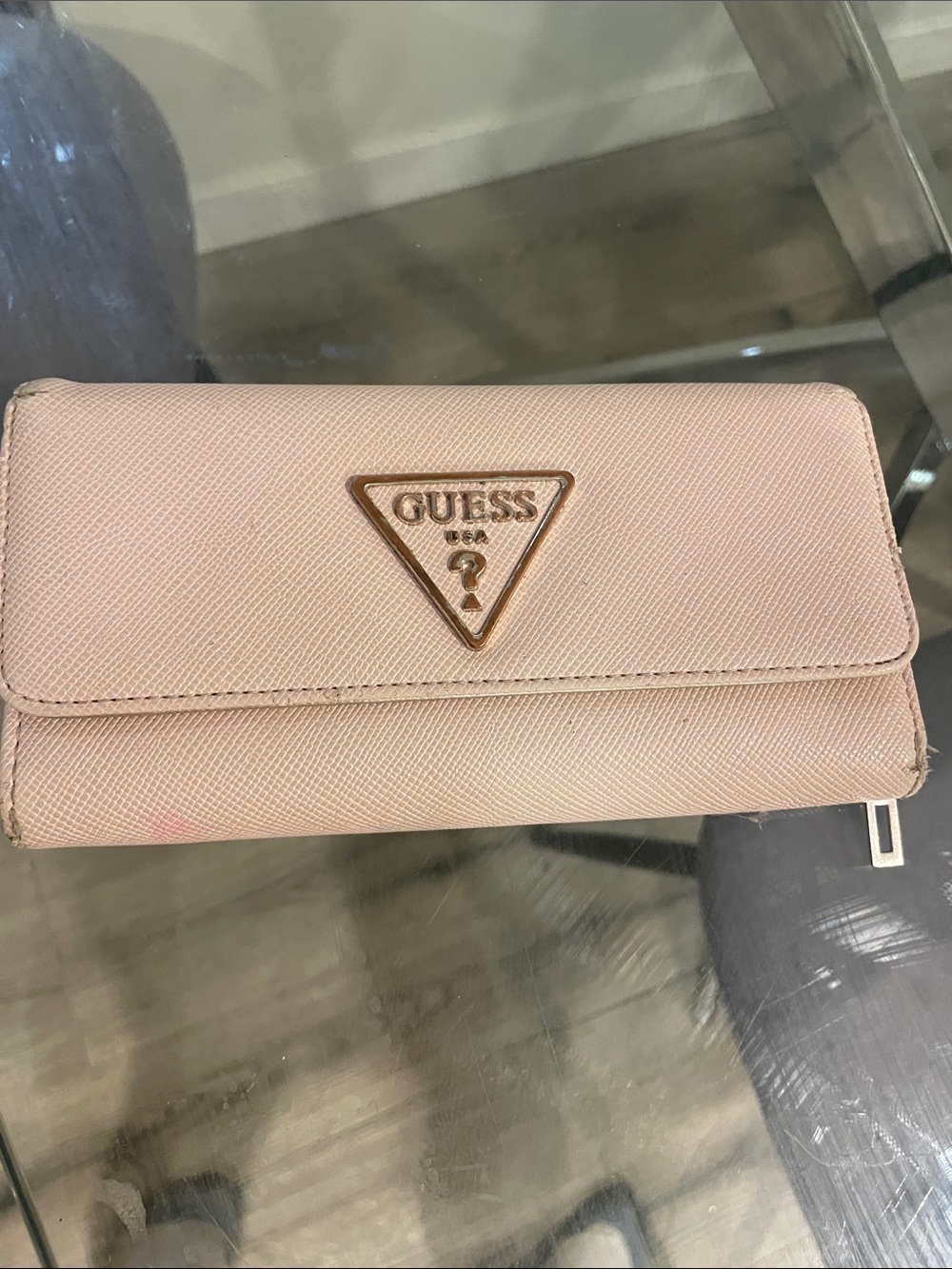 GUESS Blush Pink Saffiano Tri-Fold Wallet with Gold Logo